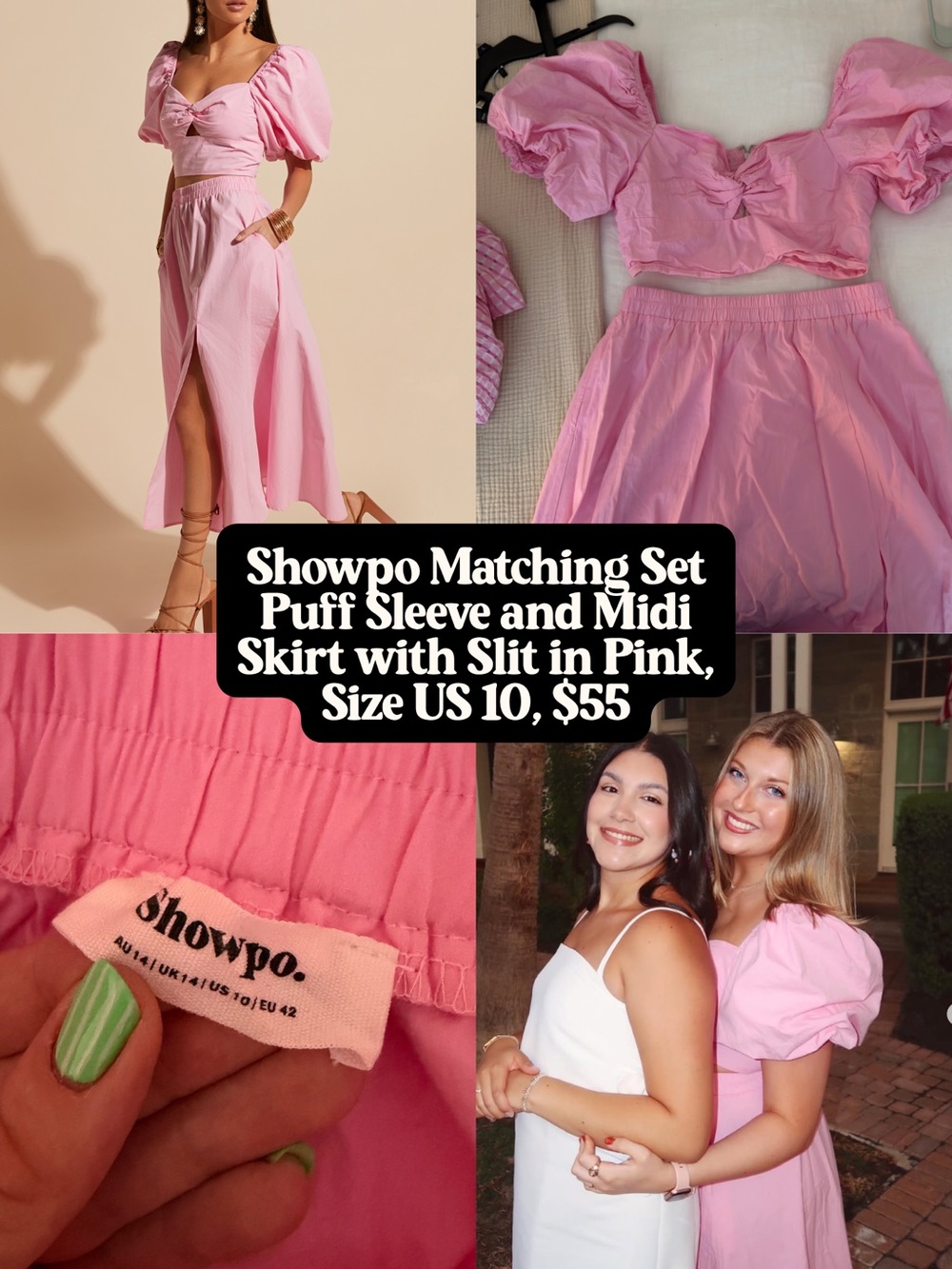 Showpo. Pink Puff Sleeve Midi Skirt Set with Front Slit